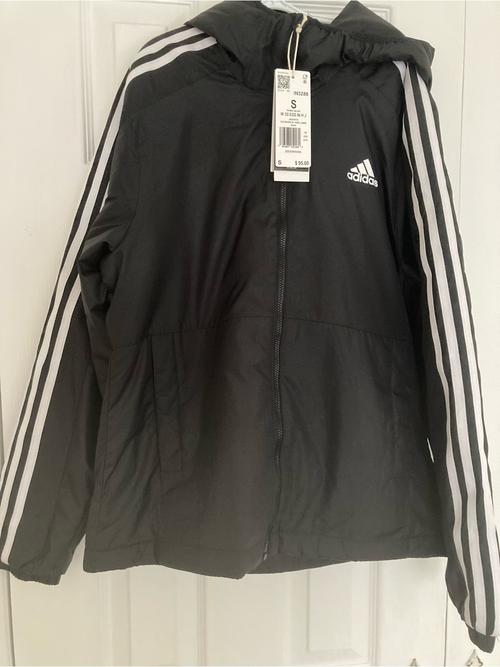 adidas Black Hooded Windbreaker with White 3-Stripes
